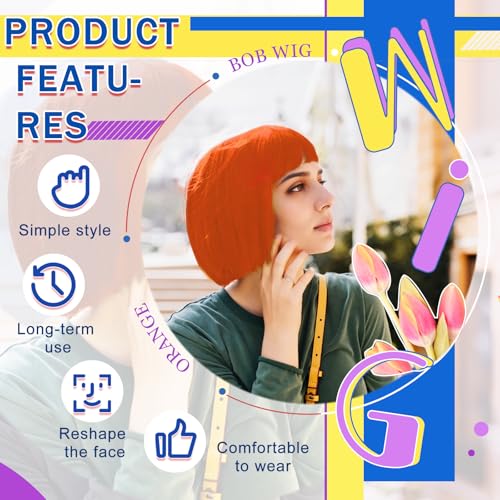 Image of LIULIUBTY Short Bob Hair Wigs Straight with Flat Bangs Synthetic Colorful Cosplay Daily Party Neon Wig for Women + Free Wig Cap 12 inch Natural As Real (Bob, Orange)