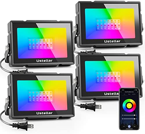 USTELLAR Tank 4 Pack 20W Smart WiFi RGB Led Flood Lights Outdoor Indoor Alexa Floodlights Christmas Color Changing Spotlights Uplighting for Events Party Uplights Stage Lights Landscape Halloween