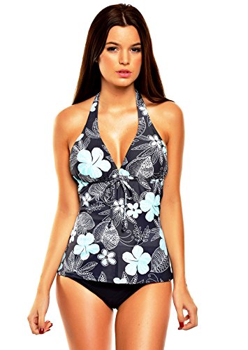 Unsere Top Tankini Kollektion mit Effekt. Körperschmeichelnd, kaschierend für die perfekte Strandfigur f6048 Farbe: Grau Türkise Blumen/Slip schwarz A(1047)+S4(sw), Gr. 38