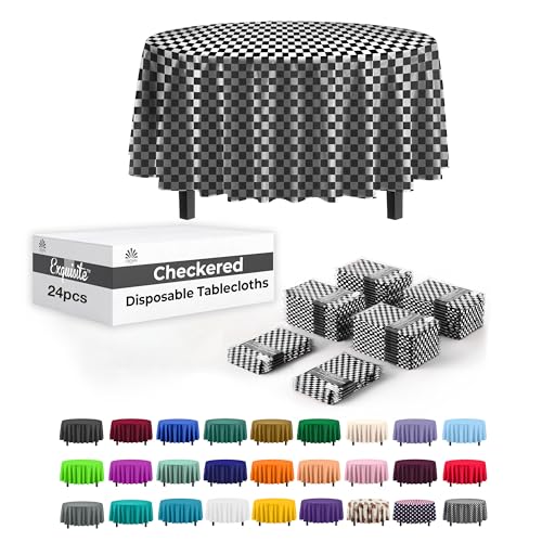 Party Solids Checkered Round Plastic Tablecloth - 84 Inch, Pack Of 24