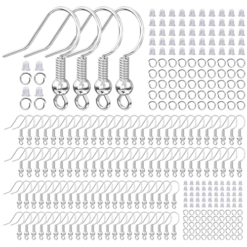 925 Sterling Silver Plated Earring Hooks for Jewelry Making 300 Pcs Hypoallergenic DIY Earring Making Supplies Kit Upgraded French Ear Fish Hook Earing Findings Wires Parts Hardware Pieces (Silver)