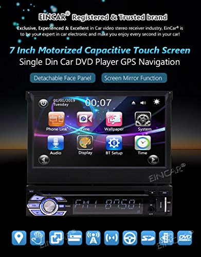 EINCAR Single 1 Din Car Stereo Bluetooth 7 inch Capacitive Touchscreen 1din Car Radio Autoradio GPS Navigation DVD CD Player FM AM Receiver Detachable Front Panel Wireless Remote Mirrorlink Backup Cam