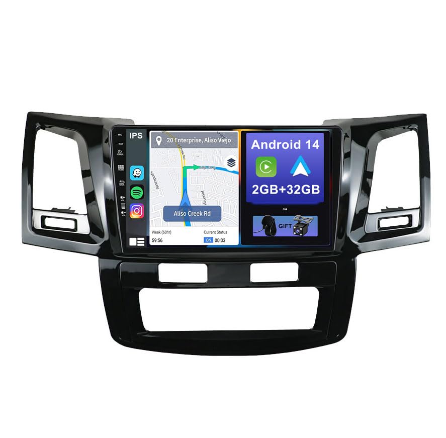YUNTX Android 14 Car Stereo Fit for Toyota Fortuner Hilux Revo Vigo 2004-2015-[Built-in CarPlay/Android auto/GPS]- Camera-IPS 2.5D 9”Touchscreen-DAB/MirrorLink/Bluetooth 5.0/Steering Wheel Control