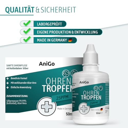 AniGo Ohrentropfen mit kolloidalem Silber 50ml I Für Hunde & Katzen I SEHR GUT bei Ohrentzündungen, Juckreiz, Keime, Pilze und Bakterien, Ohrenpflege, Ohrenhygiene, Gesunde Ohren