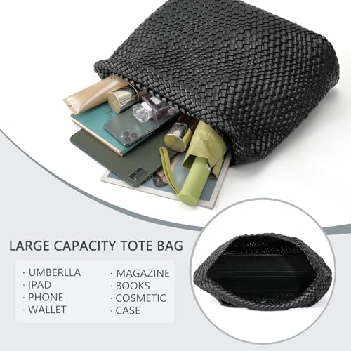 Image of Woven Tote Bag for Women, Fashion Woven Bags for Women Vegan Leather Shoulder Handbags Large Summer Beach Travel Bag