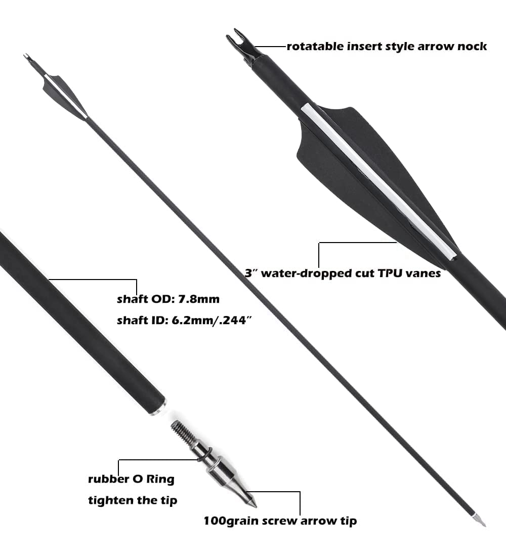 30 Zoll Bogenschießen Carbonpfeile，Jagdpfeile，Zielübungspfeile，Spine 500，für Bogenschießen Compound & Recurve & Traditional Bow 12/24St