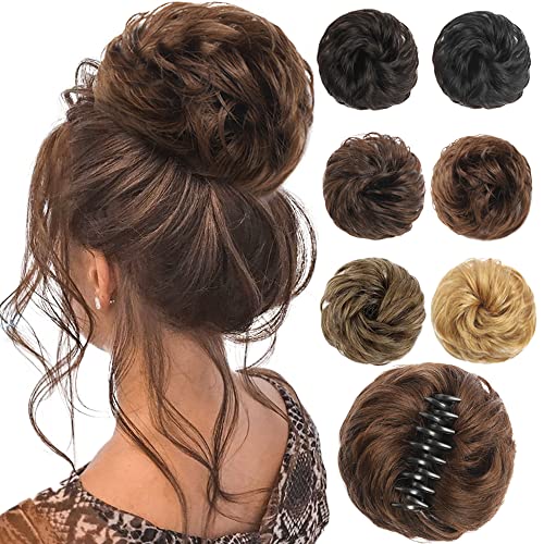 Risbel 100% Human Hair Bun, Claw Clip in Messy Bun Hair Scrunchies Ponytail Extensions Curly Hair Bun Hair Piece for Women girl Tousled Updo bun (Light brown)