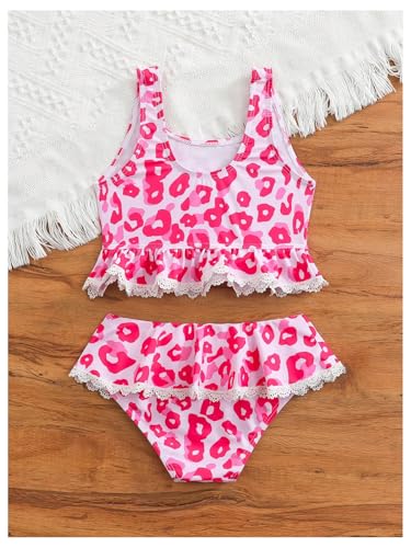 MakeMeChic Girl's Bikini Sets Cheetah Print Contrast Lace Ruffle Hem Bathing Suits2