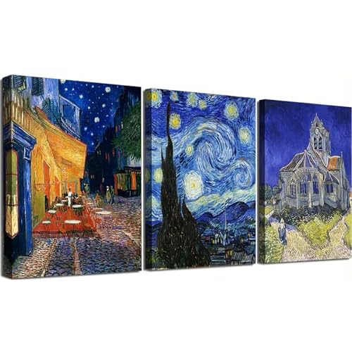 Canvas Prints Giclee Artwork for Wall Decor, Classic Van Gogh Artwork Painting Reproduction Starry Night Canvas Art Picture Photo Prints for Wall Art Decoration 12″x16″x3 Piece