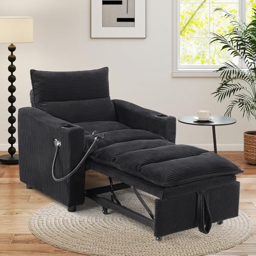 Image of Corduroy Sleeper Sofa Bed with Cup Holders, 3-in-1 Convertible Pullout Futon Couch with Phone Holder&USB Charge Port, Single Armchair with 3-Level Adjustable Backrest for Living Room