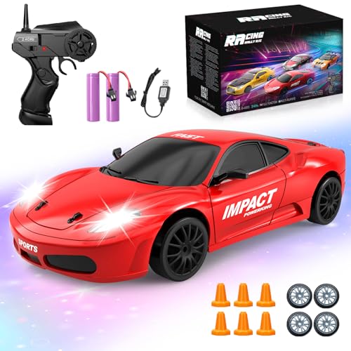 Driftnest RC Drift Car, 1/24 Remote Control Cars, 2.4GHZ 4WD High Speed Drifting RC Cars with LED Lights Drifting Tires Two Rechargeable Batteries Racing Car for Adults Boys Girls Kids Gift Red