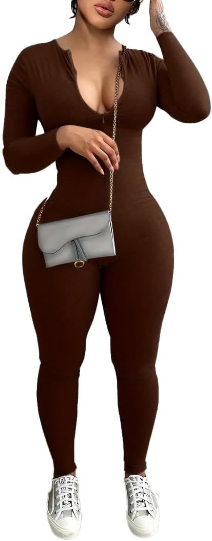YeGine Women Long Sleeve Bodycon Jumpsuit Sexy Rompers One Piece Zip Up jumpsuits