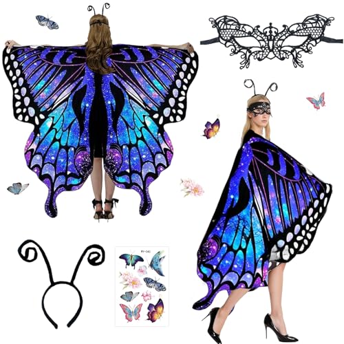 Déguisement De Papillon Pour Femme, Costume 4 Pièces Pour Adulte Avec Cape, Bandeau, Masque En Dentelle Et Autocollants Papillon. Idéal Pour Le Carnaval Et Les Fêtes...