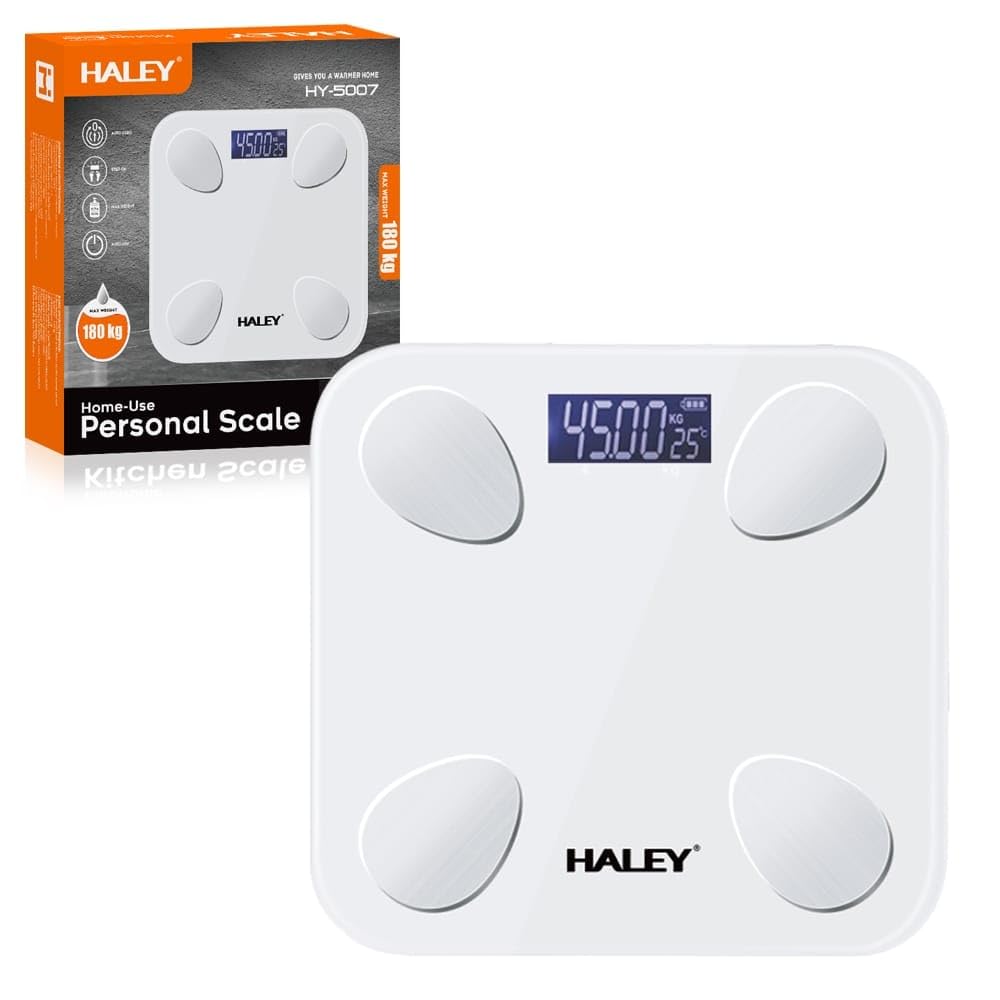 HALEY Weight Scale, 180 Kg Human body scale,LED Display,Tempered Glass,Body Fat Scale,Wireless Digital Bathroom Scale,2 Years Warranty.HY-5001 (white)
