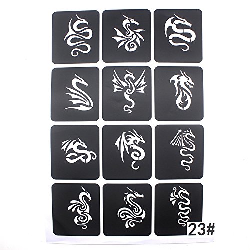 Xmasir 3 Sheet 22Pcs Cool Drawing Glitter Tattoo Stencil For Men, Wolf Dragon Tiger Skull Animal Airbrush Stencils & Templates #TOP4