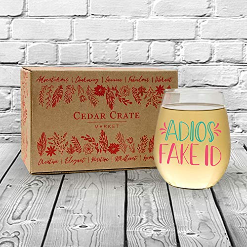 Adios Fake Id - Funny Cute Wine Glass, Stemless 15Oz, Gift Box, 21St Birthday Gifts For Women, Finally Legal, R.i.p Fake Id, Happy 21St Birthday Gift For Women, Funny Gift Ideas For Sister, Friend #TOP5