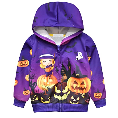 Moletom infantil infantil para meninas Halloween morcego abóboras estampado manga longa zíper moleto