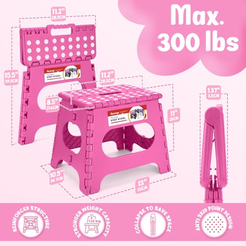 Image of ACSTEP Folding Step Stool 11 Inch, Sturdy Plastic Foldable Step Stool for Kids & Adults, Non Slip Lightweight Collapsible Foot Stools Holds 300 lbs, Ideal for Kitchen, Bathroom, Bedroom, Rose red