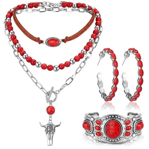 Inbagi 3 Pcs Western Jewelry for Women Bohemian Turquoise Jewelry Set Women Country Pendant Long Choker Layered Bracelets Earrings(Red Retro)