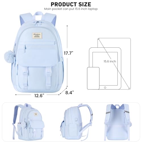 Image of WINDARS School Backpack with Lunch Box for Teen Girls, Cute College Backpacks for Women Students Aesthetic Bookbag Large 15.6 Inch Laptop Bag Middle School Travel Back Pack (Blue-3 Pcs)