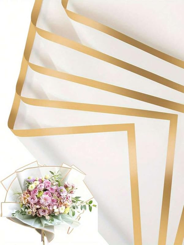 Saksham Golden Border Line Flower Wrapping Paper | 10 Sheets, 60 Microns 58cm X 58cm, Waterproof and Thick, elegant packaging for bouquet, and Gift Wrap (White and Gold) | Get 1 Free Pull Bow Ribbon-image-26