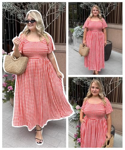 Image of RITERA Plus Size Dresses for Curvy Women Square Neck Short Sleeve Summer Floral Smocked Maxi Dress with Pocket XL-5XL