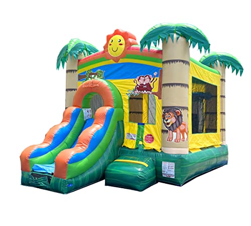 Crossover Inflatable Bounce House with Slide with Blower 18 x 12 x 14.5 Foot Tropical Smiley Face Bouncy House Combo Waterslide with Basketball Hoop, Water Misting System, Stakes and Storage Bag