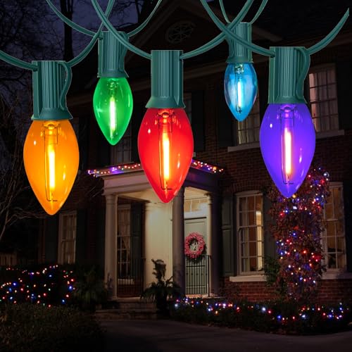 Image of 25FT C7 LED Christmas Lights Indoor Outdoor, 25 Multicolor Waterproof Bulbs, Connectable Dimmable String Lights Perfect for Roof Tree Fence and Patio Vintage Style