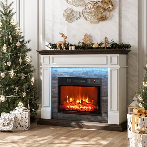 LGHM 44'' LED Electric Fireplace with Mantel, Portable Freestanding Wood Stove Heater, Realistic 3D...