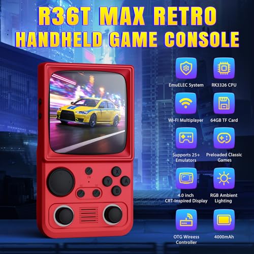 Image of R36TMAX Upgraded Retro Handheld Game Console with 4000mAh Battery, 4.0'' IPS Screen, Retro Gaming Console with Portable Case, Supports WiFi Networked Fighting and OTG (128GB Red)