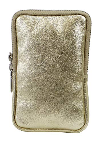 SH Leder Jana G269   Bolso bandolera para mujer, piel auténtica, multifunción, desmontable, ajustable, correa de hombro para teléfono móvil hasta 6,8 pulgadas, 11 x 18 cm, dorado