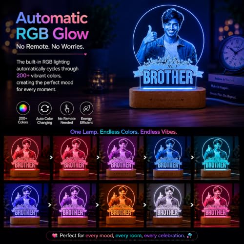 Image of ZOCI VOCI Personalized Rakhi Gift for Brother - Custom UV Printed Photo Lamp with RGB LED | Customized Rakshabandhan Gift for Brother, Bhaiya, Cousins & Siblings