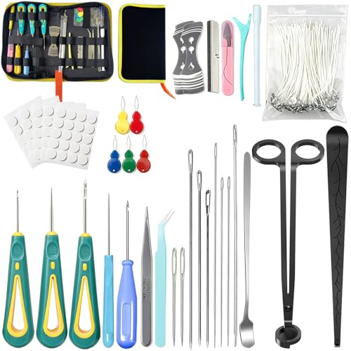 Image of 135PCS Candle Making Kits with Candle Wick Trimmer(7IN)& Dipper,Big Eye Long Needle Mold Hook Punch Needle for Inserting Wick,Cotton Wick with Metal Sustainer Tabs,Wick Stickers for Candle Lovers