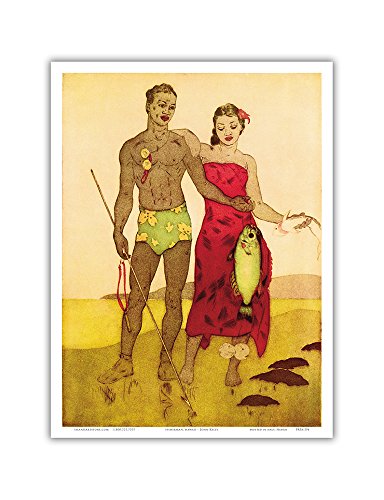 Fisherman (LawaiÊ»a) - Hawaii - Royal Hawaiian Hotel - Vintage Color Aquatint Etching by John Melville Kelly c.1940s - Master Art Print 9in x 12in