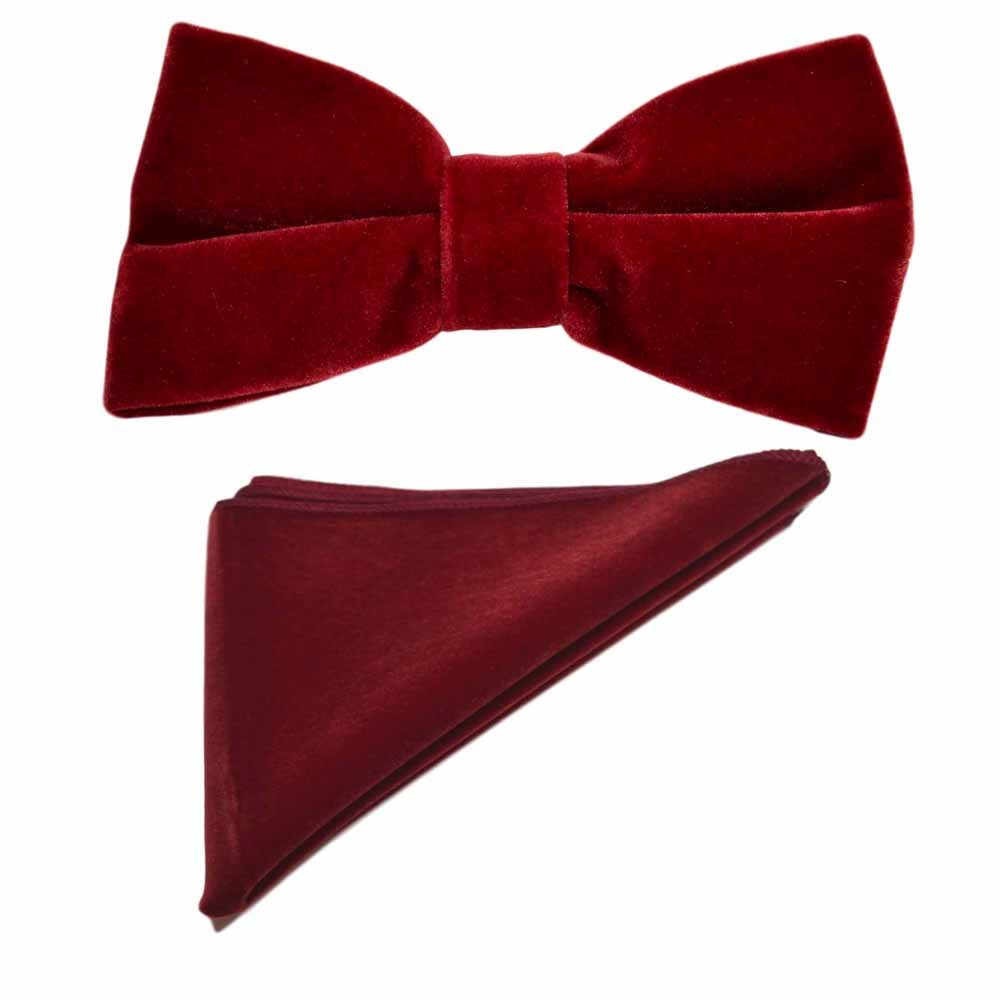 King & Priory Dark Red Velvet Bow Tie & Pocket Square Set