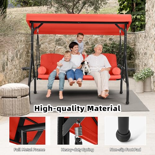 Image of HOMREST 3 Seat Outdoor Porch Swing with Adjustable Canopy, Convertible Patio Swing Bed with Stand, Patio Glider Swing with Upgraded Cup Holder, Thicken Cushions ＆ Pillow for Backyard(Orange)