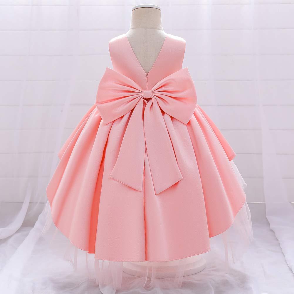 IBAKOM - Vestido de fiesta para bebé o niña, elegante, sin mangas, cuello en V, lazo de satén, para boda, dama de honor, comunión, bautizo, princesa, vestido de baile, rosa claro, 18-24 Meses