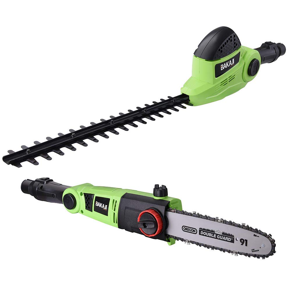BAKAJI Cortasetos telescópico eléctrico con barra extensible, corta setos hoja 41 cm con inclinación, hoja ajustable mantenimiento jardín, cortabordes desbrozadora (700 W con motosierra 2 en 1)