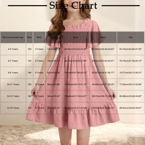 Teen Girls 2025 Summer Dresses Kids Polka Dot Dress Size 4-14 Years Solid Color Smocked Boho Square Neck Casual A Line Dress3