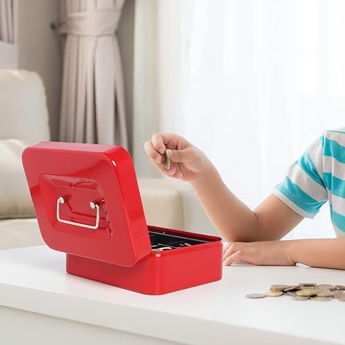 Miniatura 6 de Caja de dinero pequeña con cerradura de combinación, caja de dinero de metal para efectivo, caja de bloqueo Lovndi con bandeja de dinero, 7.87 x 6.3