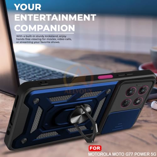Image of Armor Bumper Back Cover Case for Motorola Moto G77 Power 5G Rotating Camera Cover, Ring Holder & Kickstand | Heavy Duty & 360 Degree Protection Back Cover (Blue)