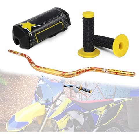 1/8" 28mm Motocross Universal Handlebar+Dirt Bike Handlebar Pad + 7/8" Universal Grips Fit for RMZ250 RMZ450 DR200 DR650 DRZ400S DRZ400E RMX450 Gold Cover