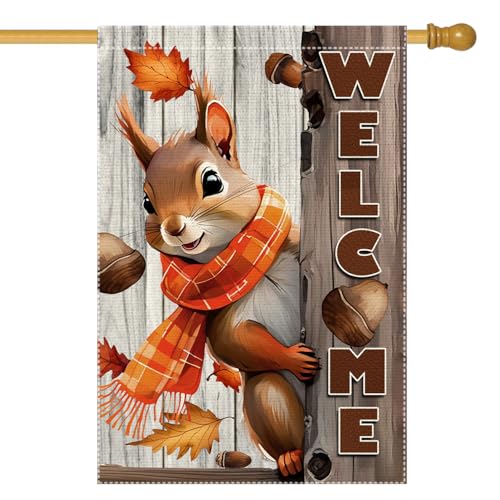 Welcome Fall Garden Flag 28x40inch The Nut Squirrel Fall Autumn Thanksgiving Garden Flags Yard Porch House Flag Double-Side For Home Outdoor Yard Patio Lawn Decor Garden Decorations (RMQ-718D 28X40)