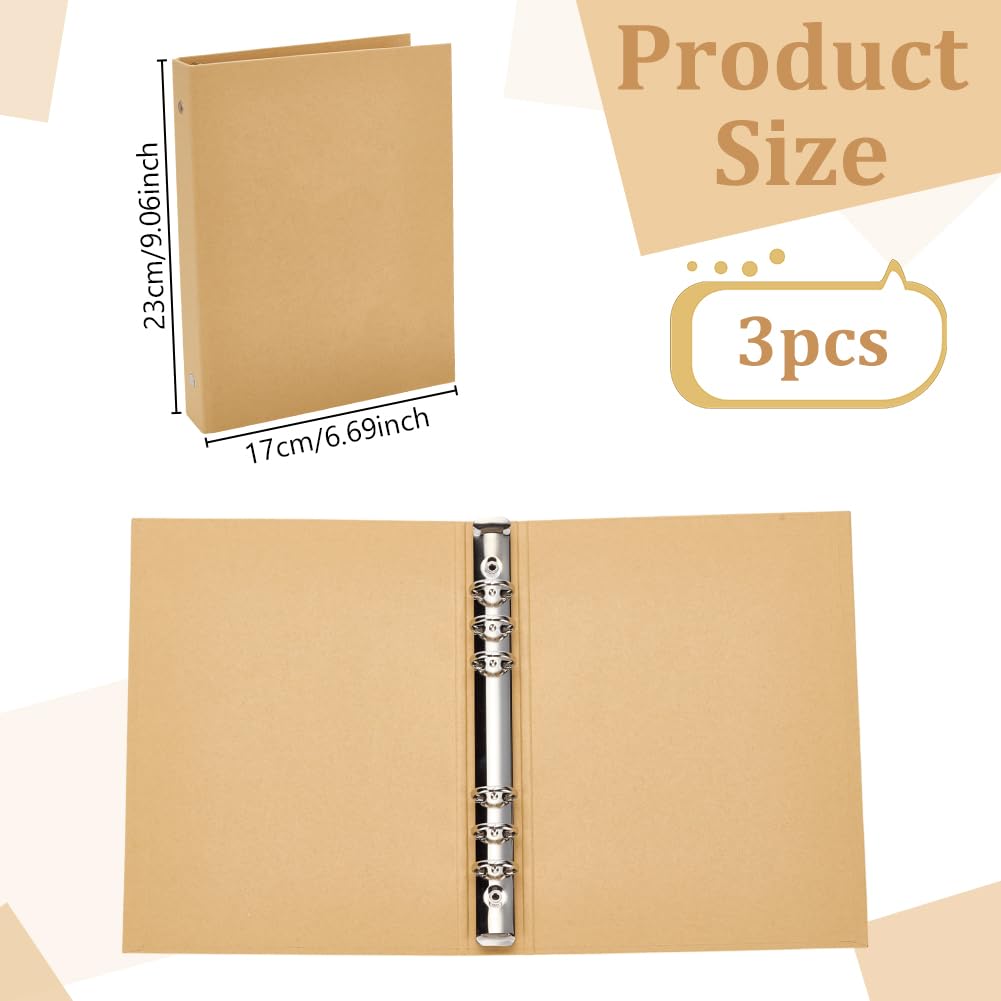 WEBEEDY 3 raccoglitori a 6 anelli in carta kraft, formato A5, ricaricabili, per fogli A5, per ufficio, riunioni, viaggi, cancelleria, 17 x 23 cm
