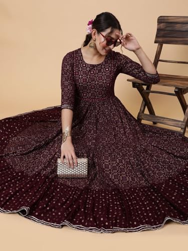 Image of Women Rayon Regular Fit Floral Printed Mirror Work Tiered Anarkali Kurta