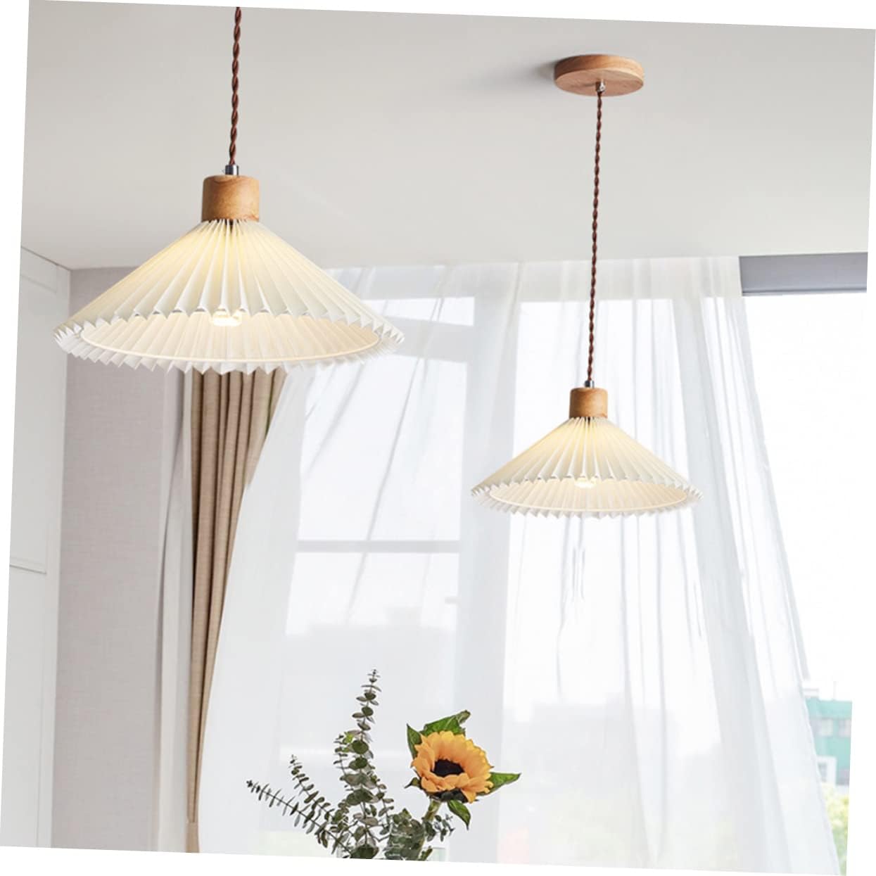 Mipcase E14 Nordic Pleated Pendant Lamp Cord Creative Wood Hanging Light Fixture for Bedroom and Dining Room Unique Design Plug Cord and Switch