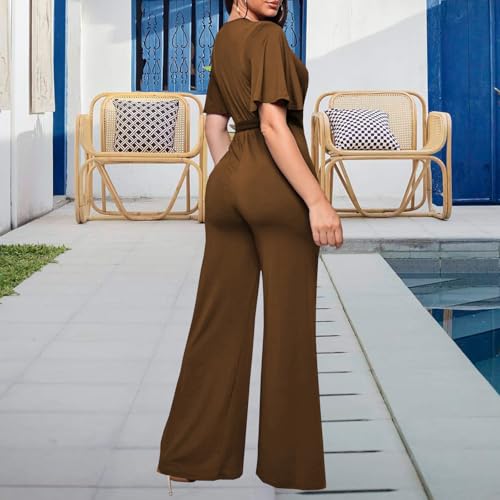 Image of PaladMom Womens Elegant Plus Size Jumpsuits Sexy Back zipper Short Sleeve Mid Waist Wide Leg Straight Rompers