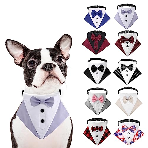 HDKUW Dog Tuxedo, Dog Wedding Bandana Collar with Bow Tie, Adjustable Pet Tux Formal Dogs Costumes for Small Medium Large Dogs Purple S