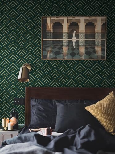 Image of TEKCOOL Self Adhesive Wallpaper Green and Gold Pattern Peel and Stick Wallpaper Gold Lines Geometric Sticky Back Vinyl Removable Contact Paper Wall Covering Decorative Film DIY 45x300cm (Green-3pc);