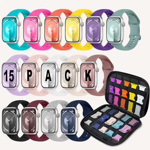 15 Pack Sport Bands with Storage Case Compatible for Apple Watch Band 38mm 40mm 41mm 42 mm 44mm 45mm 46mm 49mm Women Men, Silicone Strap Organizer for iWatch Bands Series 10 9 8 7 6 SE 5 4 3 2 1 Ultra